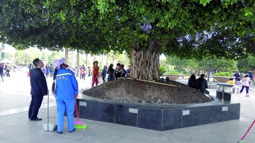 物管人員打算拆除小帳篷（白圈），小孩在一旁依依不舍