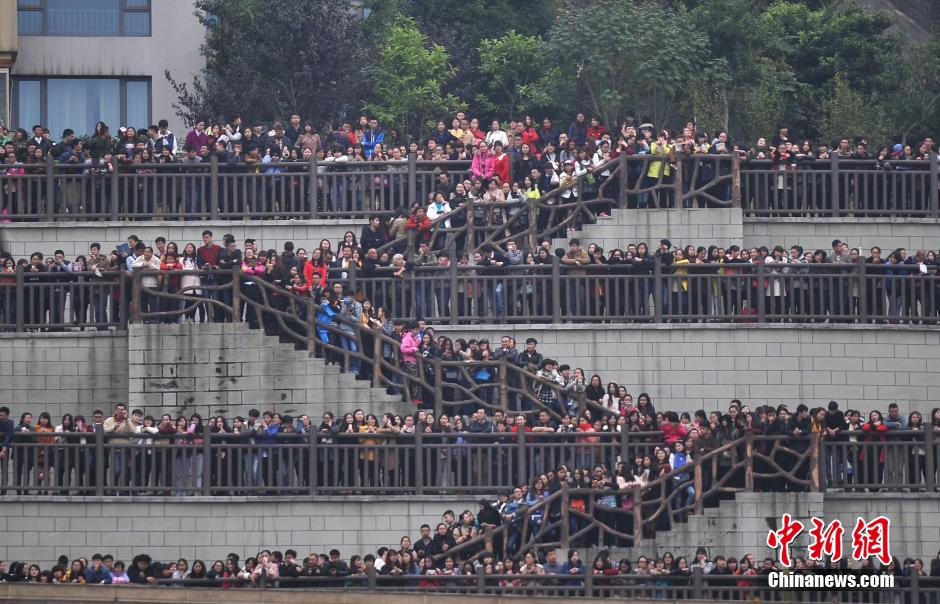 重慶上萬粉絲在南濱路等待《奔跑吧兄弟》節(jié)目的錄制。