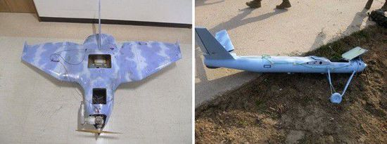 左圖為3月24日在韓國首爾北部墜毀的無人機，右圖為3月31日在韓國西部海域白翎島墜毀的無人機