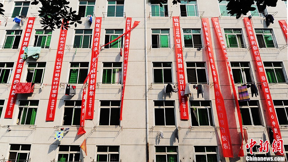 圖為男生宿舍掛起的二十多條橫幅。