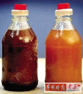 兩種油的顏色差別很大。（左為真）