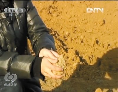 麻剛沙系麻剛石粉碎而成。記者找到一塊麻剛石，一捏就碎成粉末，硬度非常差。央視截圖