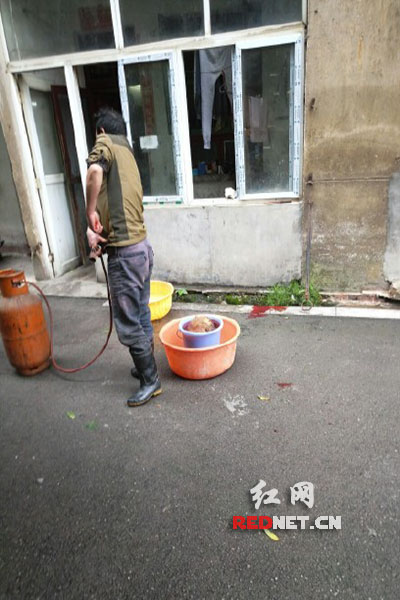 5月8日，男子在校園里殺狗，地上殘留一塊血跡。目擊者供圖。