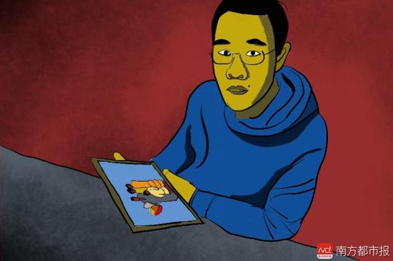 王煥凱看著一家人幸福的合照，黯然神傷，悔不當(dāng)初。（畫作者：吳斌）