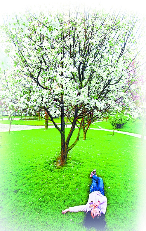 　孩子愜意地躺在社區(qū)內的草坪上。