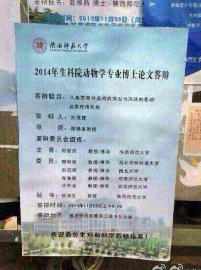 陜西師范大學的女博士孫靈霞的博士論文《八角茴香對鹵雞肉揮發(fā)性風味的影響極其作用機制》。圖片來源網絡