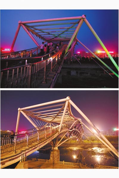 花園路西側(cè)東風(fēng)渠景觀(guān)橋，上圖攝于7月31日晚間，下圖攝于10月9日晚間。