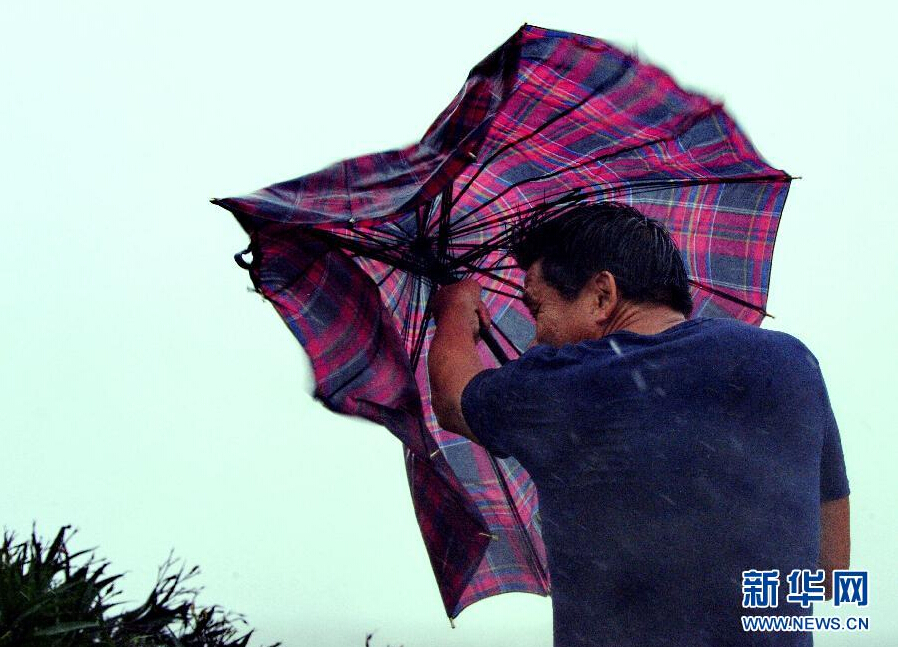 8月8日，福建省石獅市漁民在風雨中前行。