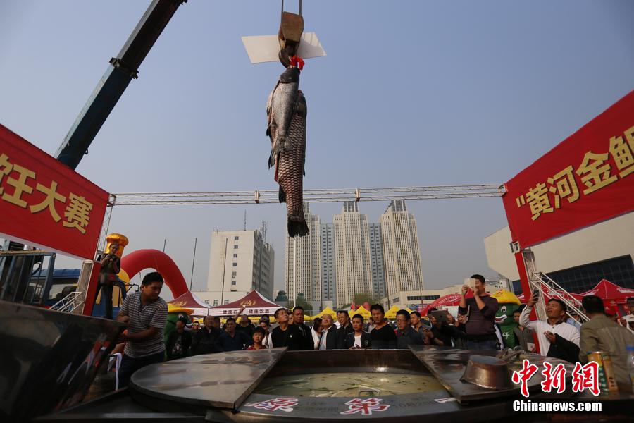 起重機(jī)吊起161.2斤魚王下鍋。 圖片來源：CFP視覺中國(guó)