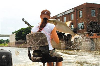 亞洲鯉魚(yú)突然躍出水面，對(duì)游客“發(fā)動(dòng)襲擊”。