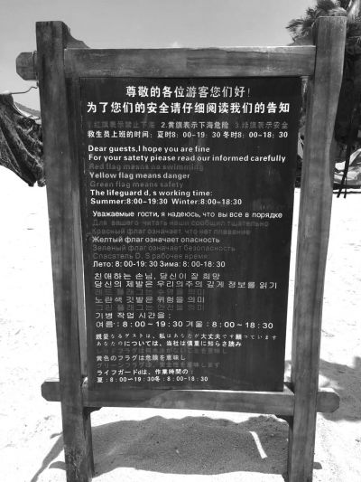 大東海海灘上用多國(guó)語(yǔ)言設(shè)立的安全告示。